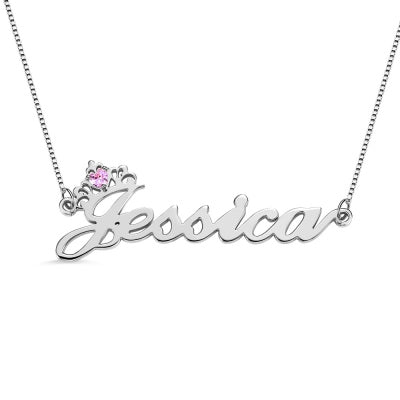 Custom Crown Name Silver Necklace with Birthstone