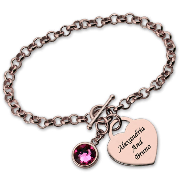 Heart Charm 925 Sterling Silver Personalized Birthstone Engraved Bracelet Length Adjustable 6”-7.5”