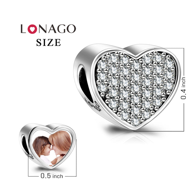 Personalized Color Photo Rhinestone Love Heart Charm in 925 Sterling Silver