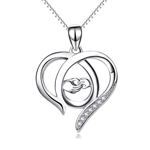 Mother and Child Hands Eternal Love Heart Sterling Silver Pendant Necklace, 18"