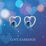 925 Sterling Silver Filigree Hollow Heart Ear Stud with Blue Cubic Zirconial Valentine Jewelry