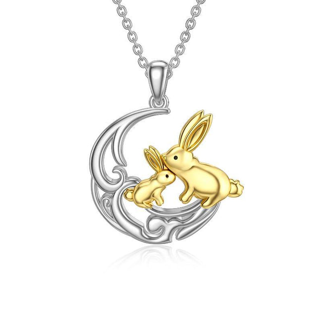 Mama Rabbit and Baby Rabbit Necklace Sterling Silver Double Bunny on the Moon Easter Rabbit Jewelry