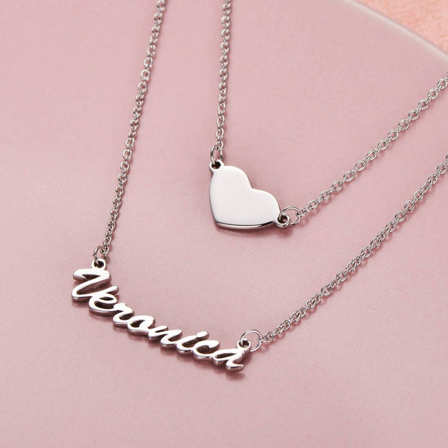 ❤ Veronica - Put you in my heart - 925 Sterling Silver/10K/14K/18K Two Layers Personalized Heart Name Necklace Adjustable 16”-20”