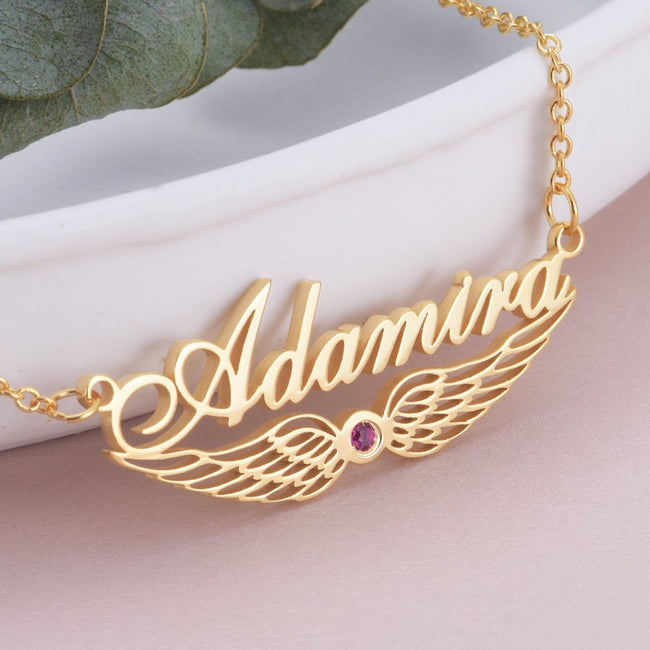 Adamira - 925 Sterling Silver/10K/14K/18K Personalized Angel Wing Crystal Name Necklace Adjustable Chain 18”-20”
