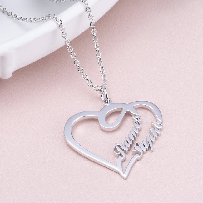 Double Names-Copper/925 Sterling Silver Personalized Heart Name Necklace -Adjustable 16”-20”