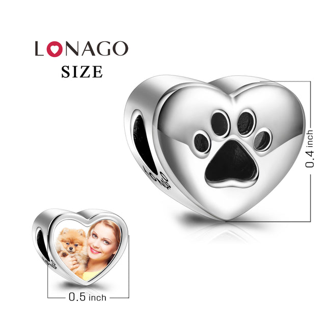 925 Sterling Silver Personalized Your Love Heart Color Photo Charm With Puppy Paw Print