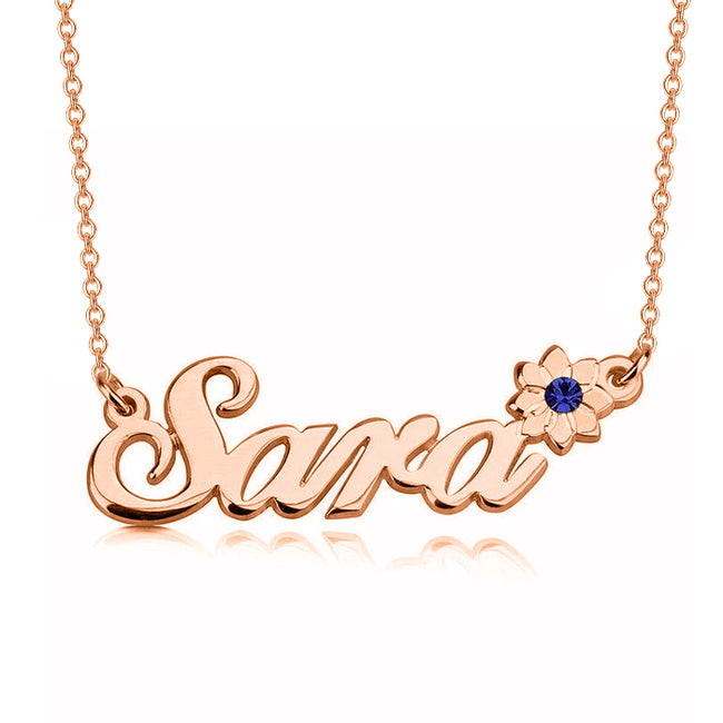 Sara - 925 Sterling Silver Personalized Crystal Flower Name Necklace Adjustable Chain 16”-20”