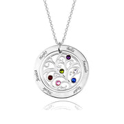 925 Sterling Silver Personalized Circle Engraved Family Tree Necklace with Birthstones Adjustable 16"-20"