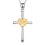 925 Sterling Silver Two-Tone Love Heart Religious Cross Necklace