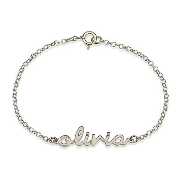 Olivia-925 Sterling Silver Personalized Name Bracelet Adjustable 6”-7.5”-White Gold Plated