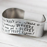 Alice in Wonderland Have I Gone Mad Cuff Bangle 925 Sterling Silver Personalized Adjustable 6”-7.5”-White Gold Plated