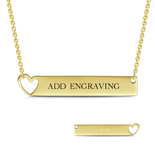 14K Gold Personalized Heart Engravable Bar Necklace Adjustable 16”-20”-White Gold/Yellow Gold/Rose Gold